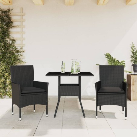 vidaXL Set comedor jardín 3 pzas cojines ratán sintético vidrio negro