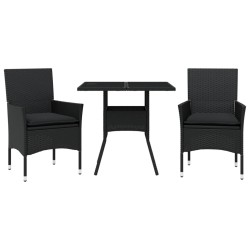 vidaXL Set comedor jardín 3 pzas cojines ratán sintético vidrio negro