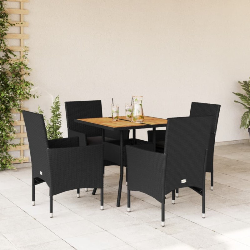 vidaXL Set de comedor jardín 5 pzas con cojines ratán PE acacia negro vidaXL Set de comedor jardín 5 pzas con cojines ratán PE acacia negro
