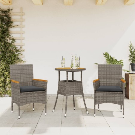 vidaXL Set de comedor jardín 3 pzas con cojines ratán PE acacia gris