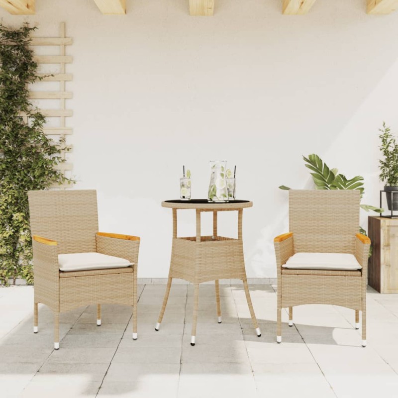 vidaXL Set comedor jardín 3 pzas cojines ratán sintético vidrio beige vidaXL Set comedor jardín 3 pzas cojines ratán sintético vidrio beige