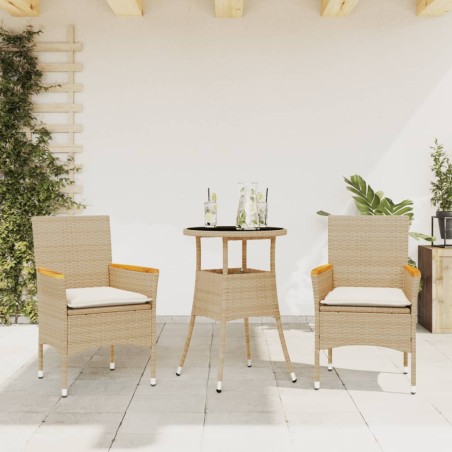 vidaXL Set comedor jardín 3 pzas cojines ratán sintético vidrio beige