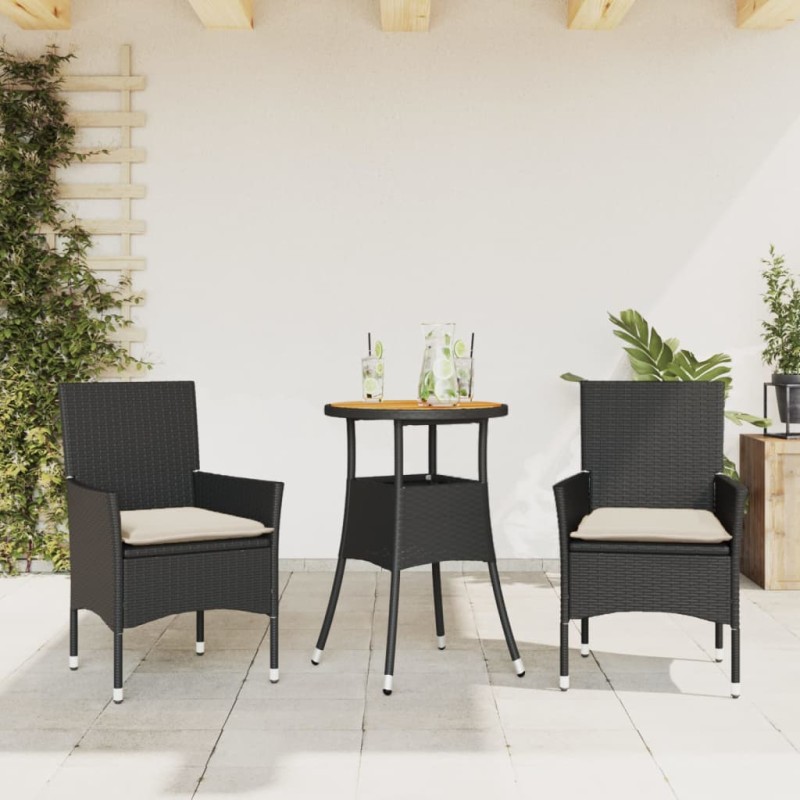 vidaXL Set de comedor jardín 3 pzas con cojines ratán PE acacia negro vidaXL Set de comedor jardín 3 pzas con cojines ratán PE acacia negro