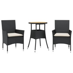 vidaXL Set de comedor jardín 3 pzas con cojines ratán PE acacia negro