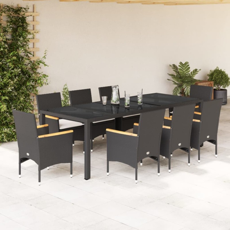 vidaXL Set comedor jardín 9 pzas cojines ratán sintético vidrio negro vidaXL Set comedor jardín 9 pzas cojines ratán sintético vidrio negro