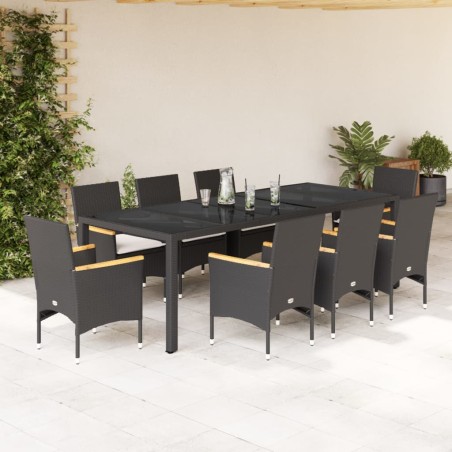 vidaXL Set comedor jardín 9 pzas cojines ratán sintético vidrio negro