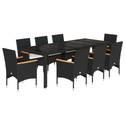 vidaXL Set comedor jardín 9 pzas cojines ratán sintético vidrio negro