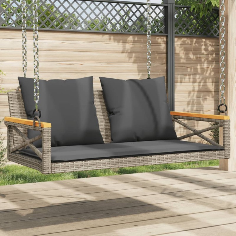 vidaXL Banco columpio con cojines ratán sintético gris 109x62x40 cm vidaXL Banco columpio con cojines ratán sintético gris 109x62x40 cm