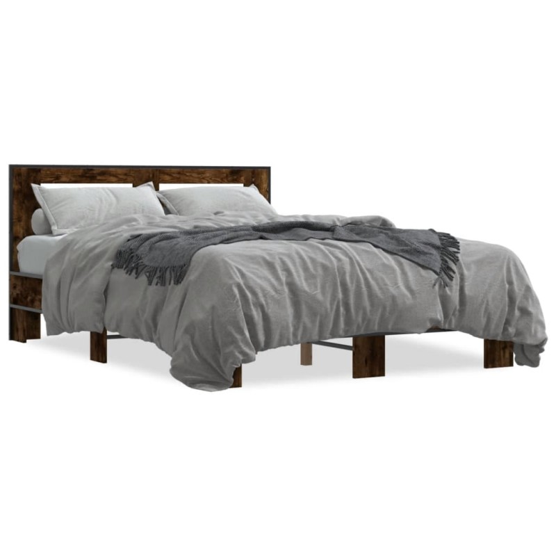 vidaXL Estructura cama madera ingeniería metal roble ahumado 140x200cm vidaXL Estructura cama madera ingeniería metal roble ahumado 140x200cm