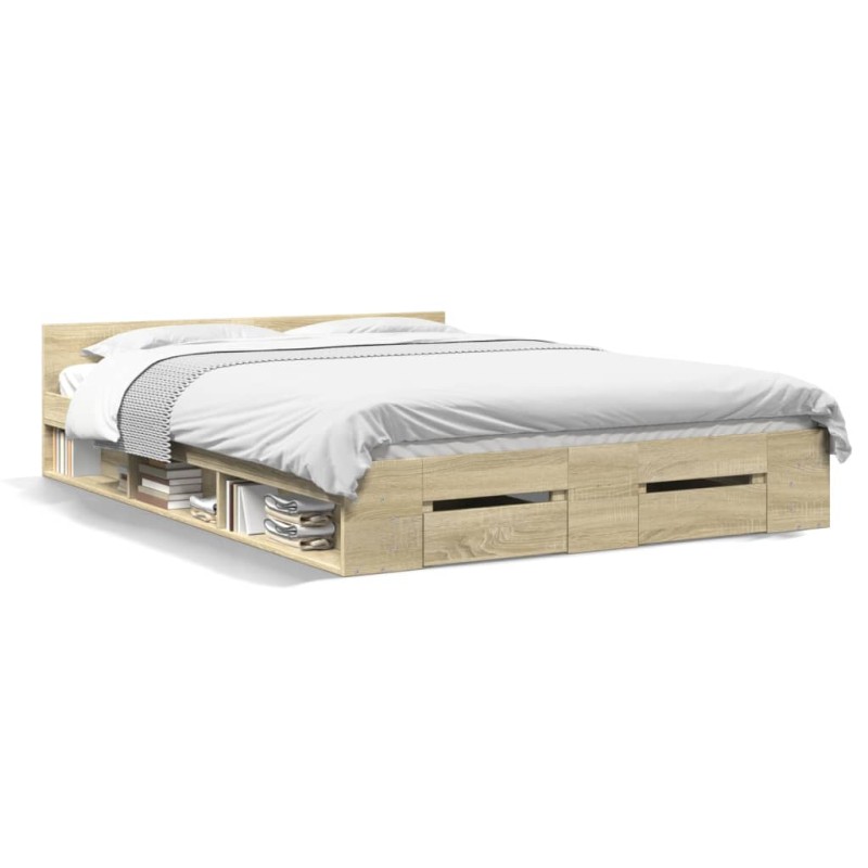 vidaXL Cama con cajones madera ingeniería roble Sonoma 140x190 cm vidaXL Cama con cajones madera ingeniería roble Sonoma 140x190 cm