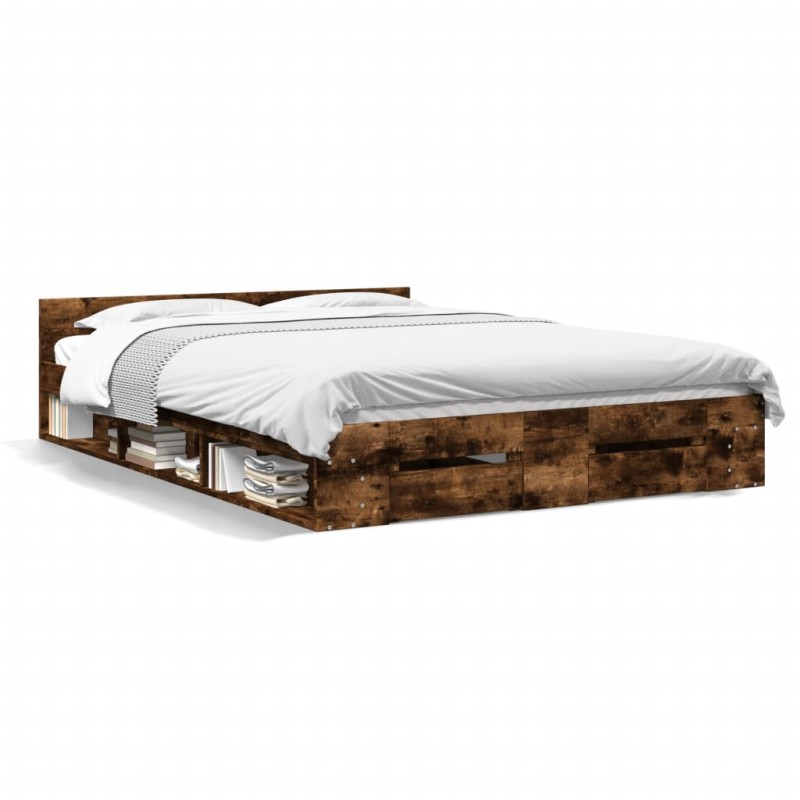 vidaXL Cama con cajones madera de ingeniería roble ahumado 140x190 cm vidaXL Cama con cajones madera de ingeniería roble ahumado 140x190 cm