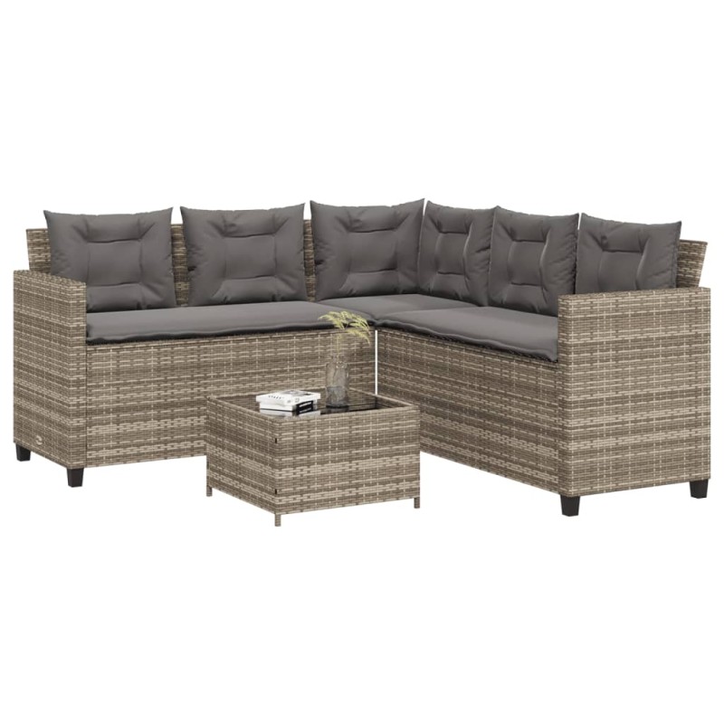 vidaXL Sofá de jardín en forma de L con mesa y cojines ratán PE gris vidaXL Sofá de jardín en forma de L con mesa y cojines ratán PE gris