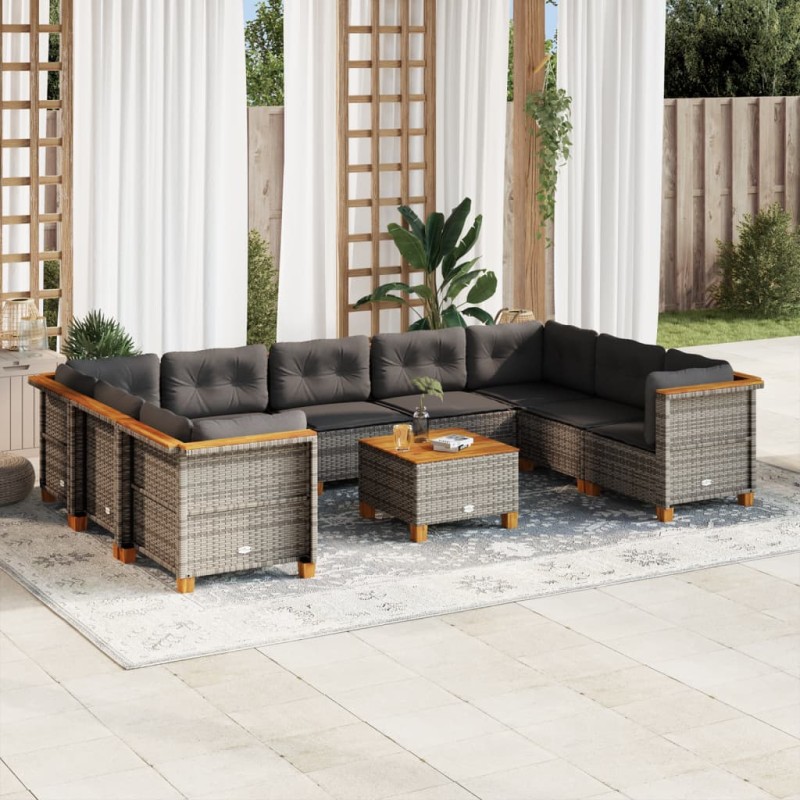vidaXL Set de sofás de jardín 10 pzas con cojines ratán sintético gris vidaXL Set de sofás de jardín 10 pzas con cojines ratán sintético gris