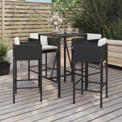 vidaXL Mesa y taburetes altos jardín 5 pzas y cojines ratán PE negro