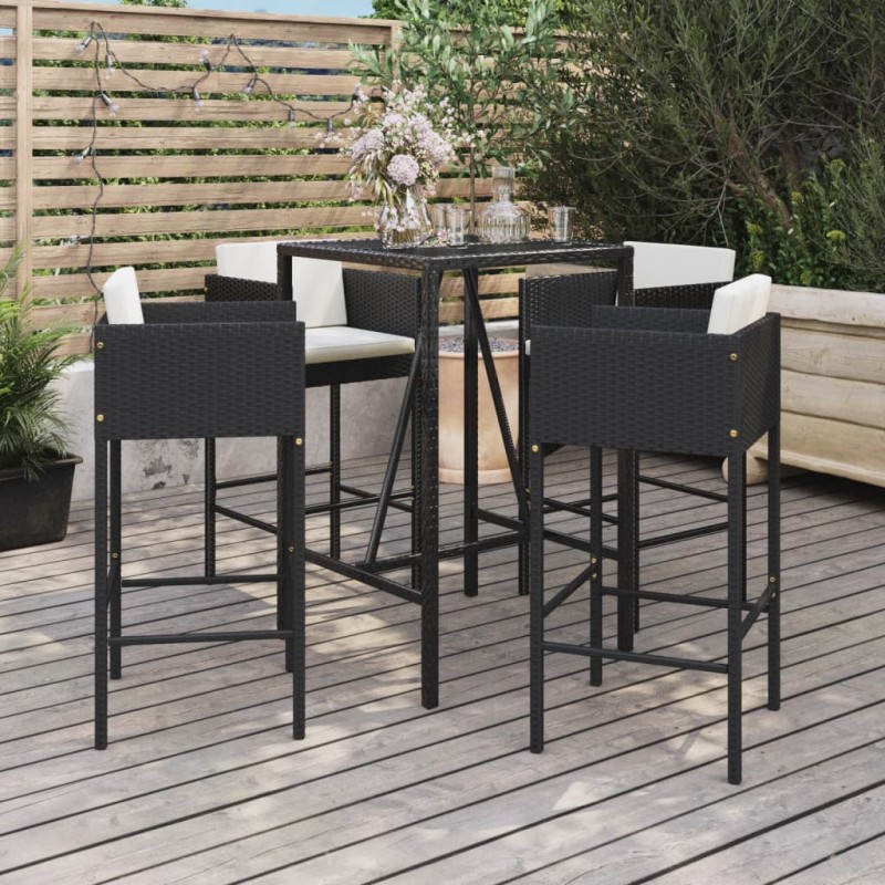 vidaXL Mesa y taburetes altos jardín 5 pzas y cojines ratán PE negro vidaXL Mesa y taburetes altos jardín 5 pzas y cojines ratán PE negro