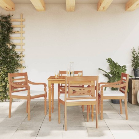 vidaXL Juego comedor de jardín 5 pzas y cojines blancos madera de teca