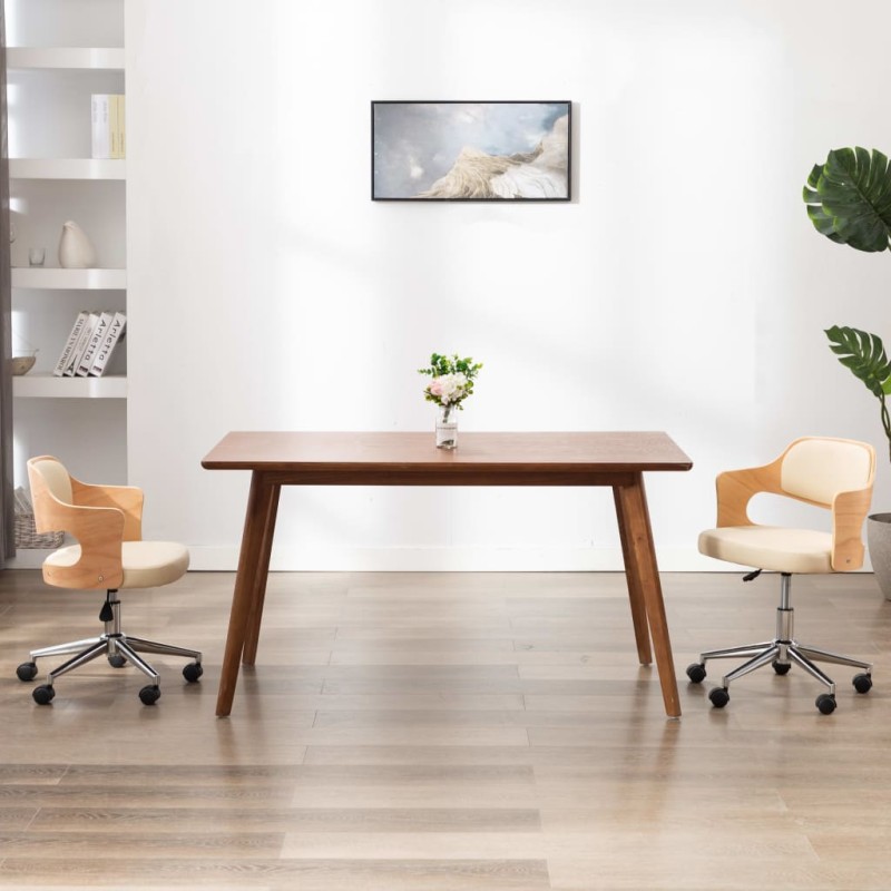 vidaXL Sillas de comedor giratorias 2 uds madera curvada cuero crema vidaXL Sillas de comedor giratorias 2 uds madera curvada cuero crema