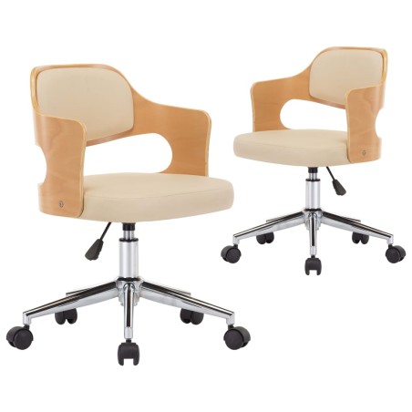 vidaXL Sillas de comedor giratorias 2 uds madera curvada cuero crema
