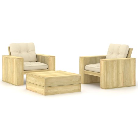vidaXL Set muebles de jardín y cojines 3 pzas madera pino impregnada