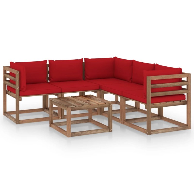 vidaXL Set de muebles de jardín 6 pzs madera impregnada cojines rojos vidaXL Set de muebles de jardín 6 pzs madera impregnada cojines rojos