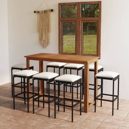 vidaXL Conjunto de bar para jardín 9 piezas con cojines negro