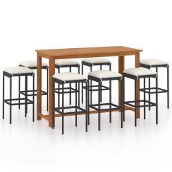 vidaXL Conjunto de bar para jardín 9 piezas con cojines negro