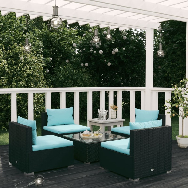 vidaXL Set de sofás de jardín 5 piezas y cojines ratán sintético negro vidaXL Set de sofás de jardín 5 piezas y cojines ratán sintético negro