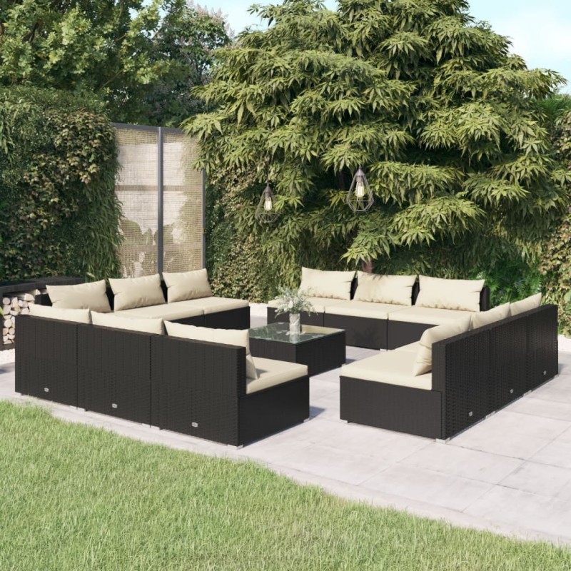 vidaXL Set muebles de jardín 13 pzas y cojines ratán sintético negro vidaXL Set muebles de jardín 13 pzas y cojines ratán sintético negro