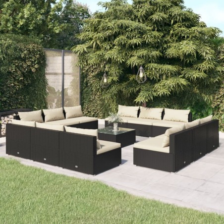 vidaXL Set muebles de jardín 13 pzas y cojines ratán sintético negro