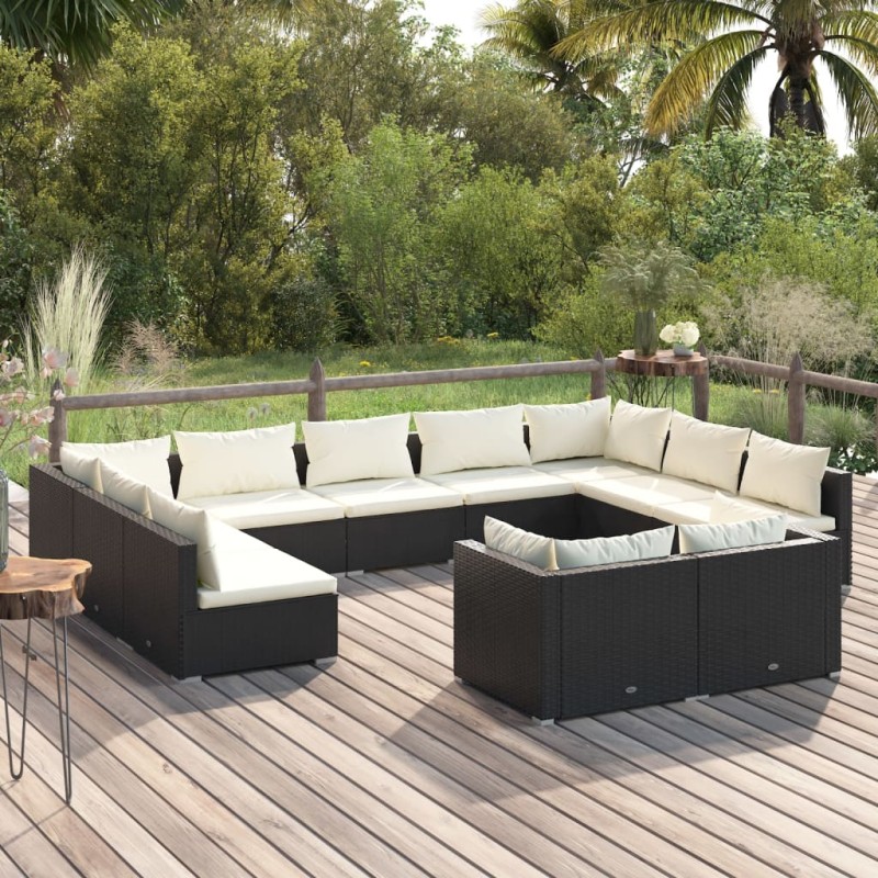 vidaXL Set de muebles de jardín 11 pzas cojines ratán sintético negro