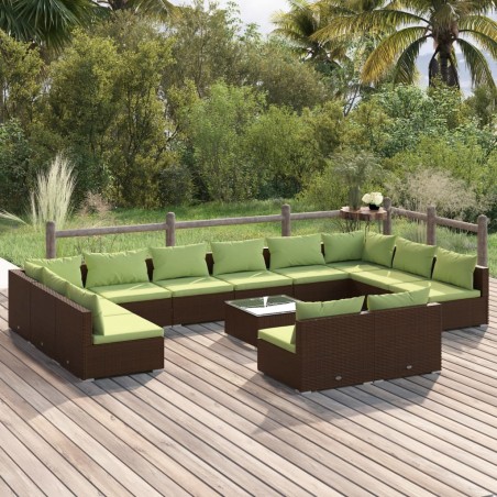 vidaXL Set muebles de jardín 13 pzas y cojines ratán sintético marrón
