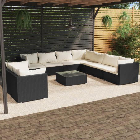 vidaXL Set de muebles de jardín 10 pzas cojines ratán sintético negro