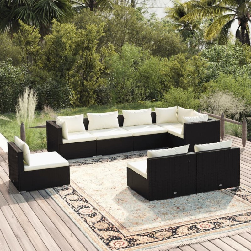 vidaXL Set de sofás de jardín 8 piezas y cojines ratán sintético negro vidaXL Set de sofás de jardín 8 piezas y cojines ratán sintético negro