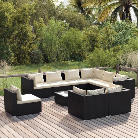 vidaXL Set de muebles de jardín 10 pzs y cojines ratán sintético negro
