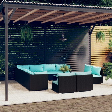 vidaXL Set de muebles de jardín 12 pzas cojines ratán sintético negro