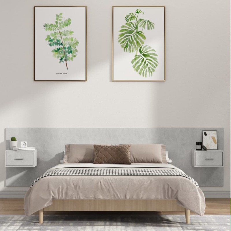 vidaXL Cabecero de cama y mesitas madera contrachapada gris hormigón vidaXL Cabecero de cama y mesitas madera contrachapada gris hormigón