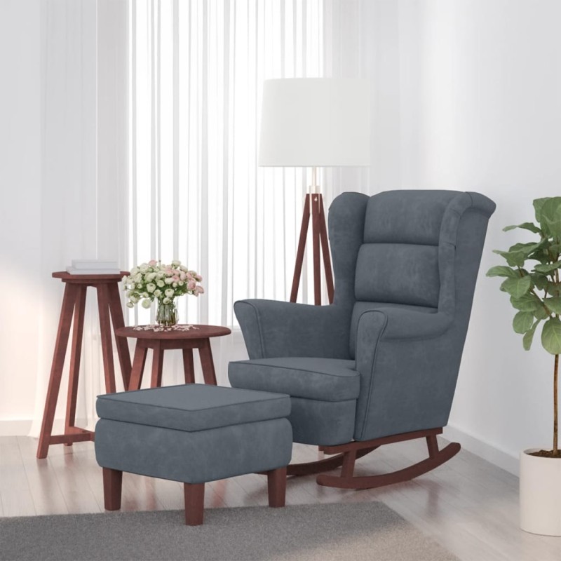 vidaXL Sillón mecedora patas madera y taburete terciopelo gris oscuro vidaXL Sillón mecedora patas madera y taburete terciopelo gris oscuro