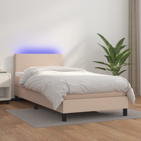 vidaXL Cama box spring colchón LED cuero sintético capuchino 100x200cm