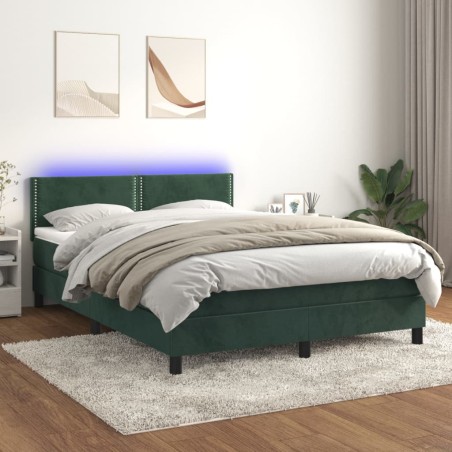 vidaXL Cama box spring colchón y LED terciopelo verde oscuro 140x190cm