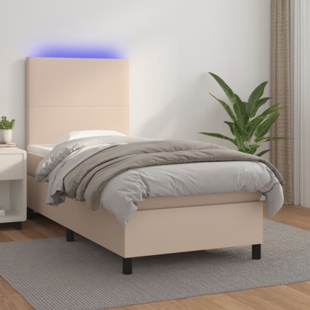 vidaXL Cama box spring colchón LED cuero sintético capuchino 90x190 cm