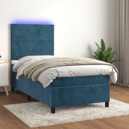 vidaXL Cama box spring colchón y LED terciopelo azul oscuro 90x190 cm