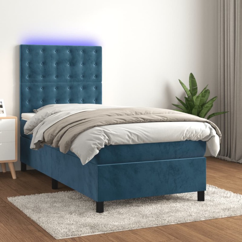 vidaXL Cama box spring colchón y LED terciopelo azul oscuro 90x190 cm vidaXL Cama box spring colchón y LED terciopelo azul oscuro 90x190 cm