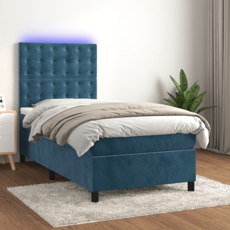 vidaXL Cama box spring colchón y LED terciopelo azul oscuro 90x190 cm