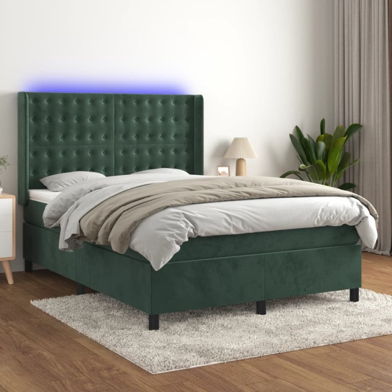 vidaXL Cama box spring colchón y LED terciopelo verde oscuro 140x190cm vidaXL Cama box spring colchón y LED terciopelo verde oscuro 140x190cm