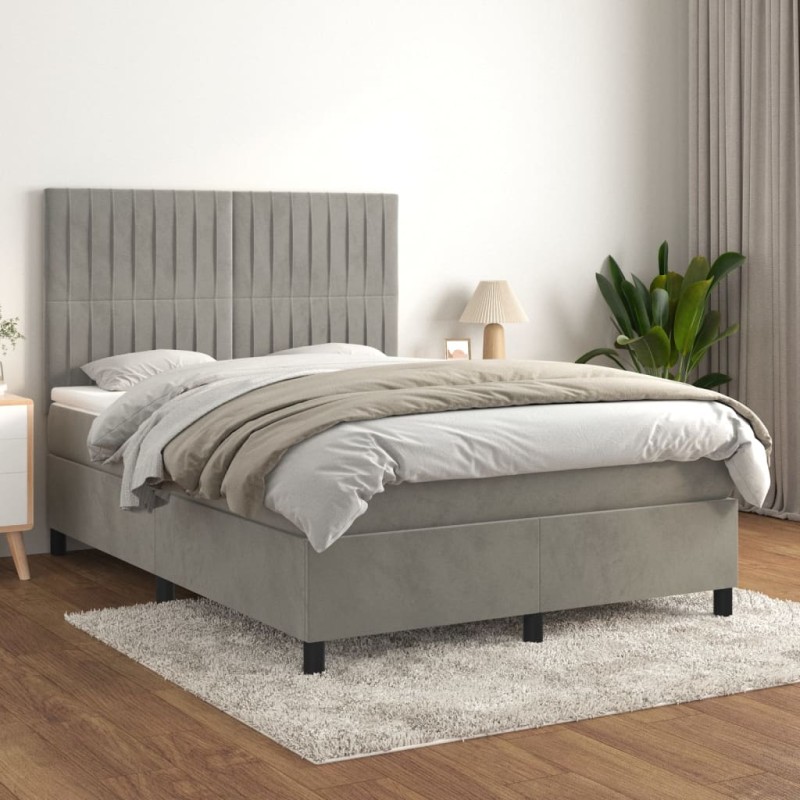 vidaXL Cama box spring con colchón terciopelo gris claro 140x200 cm vidaXL Cama box spring con colchón terciopelo gris claro 140x200 cm