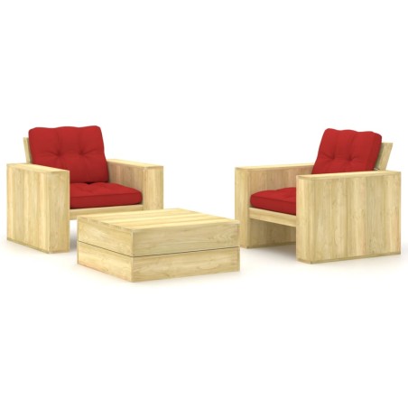 vidaXL Set muebles de jardín y cojines 3 pzas madera pino impregnada