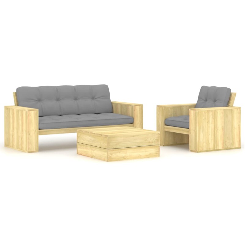 vidaXL Set muebles de jardín y cojines 3 pzas madera pino impregnada vidaXL Set muebles de jardín y cojines 3 pzas madera pino impregnada