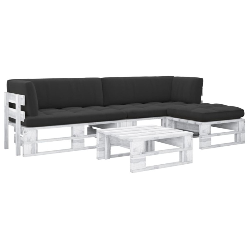 vidaXL Muebles de palés 4 pzas y cojines madera pino impregnada blanco vidaXL Muebles de palés 4 pzas y cojines madera pino impregnada blanco