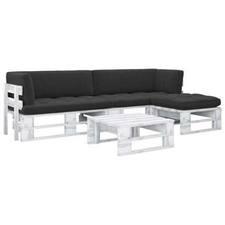 vidaXL Muebles de palés 4 pzas y cojines madera pino impregnada blanco