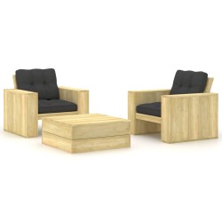 vidaXL Set muebles de jardín y cojines 3 pzas madera pino impregnada